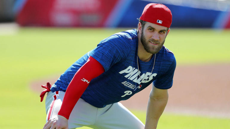 Mar 3, 2019; Clearwater, FL, USA; Philadelphia Phillies right fielder Bryce Harper (3) works out during batting practice at Spectrum Field. Mandatory Credit: Kim Klement-USA TODAY Sports