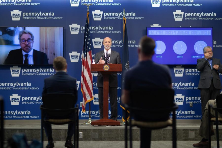 Governor Wolf at a press conference in mid-July on COVID-19 mitigation efforts.
